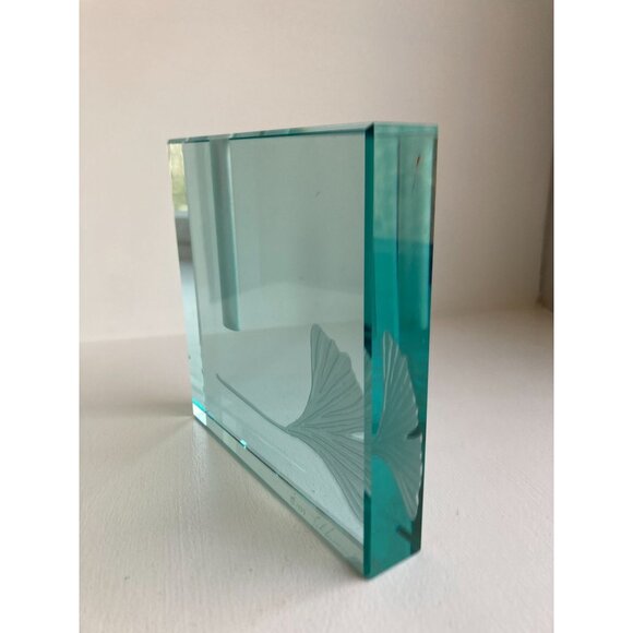 Stephen Schlanser Crystal Glass Etched Ginkgo Leaf 5” Ikebana Vase Signed 1999 - Picture 11 of 14